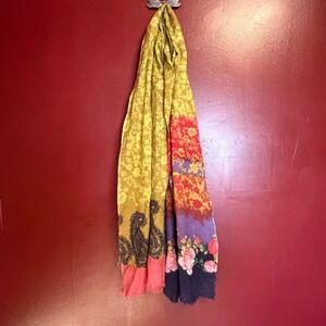 J. Jill 100% Wool Floral Paisley Mixed Print Scarf Yellow Pink Boho Hippie